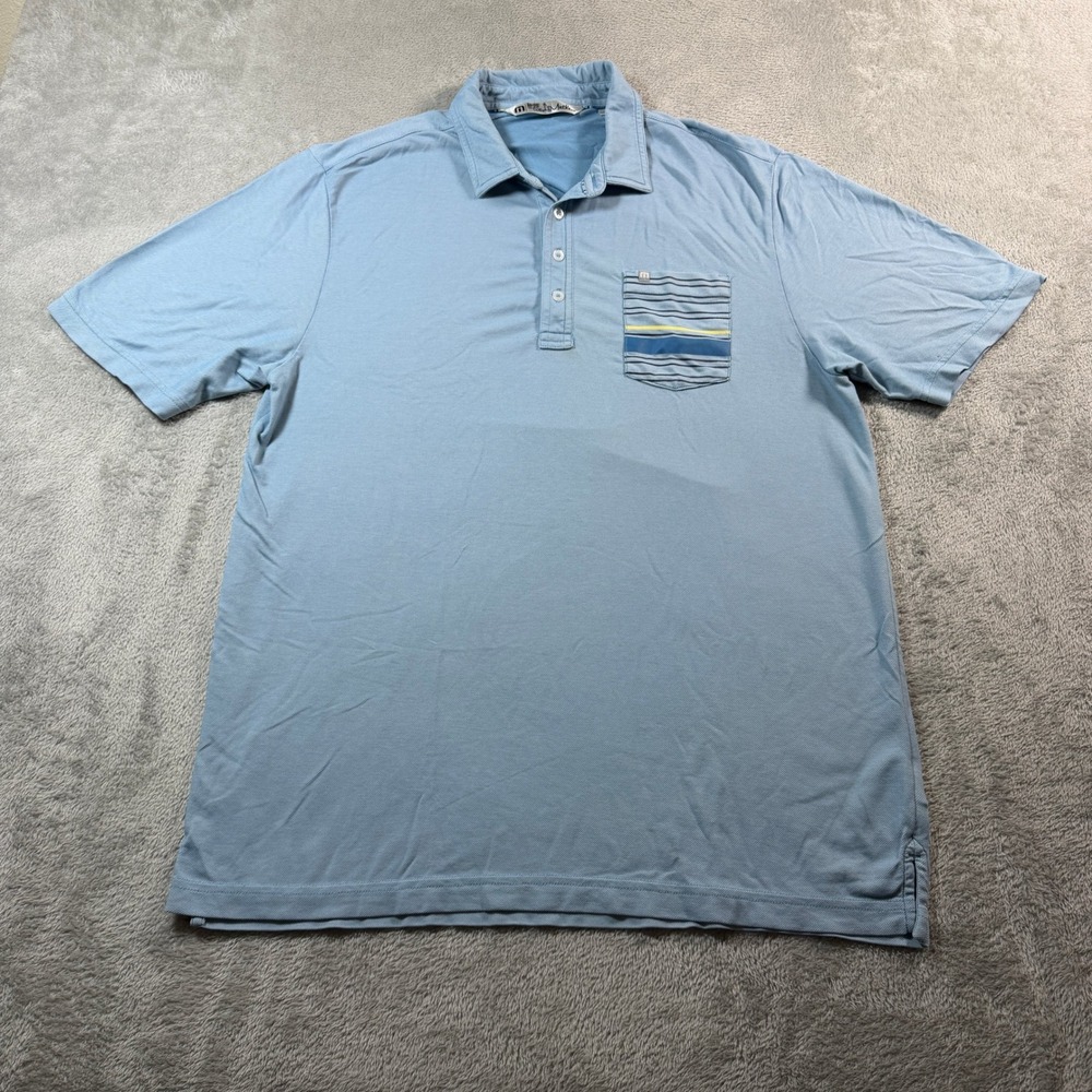 Travis Mathew Polo Shirt Mens Large Blue Striped Pocket Short Sleeve Pima Cotton